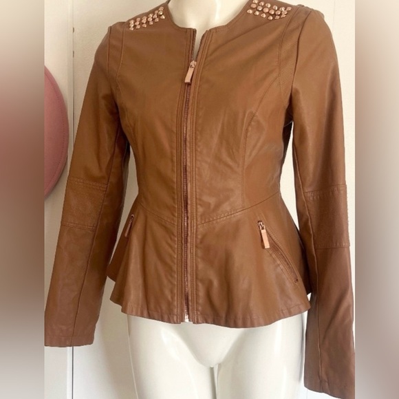 Guess Emily Faux Leather Brown Peplum Hem Lined Jacket w/ Rose Gold Small - Picture 3 of 5